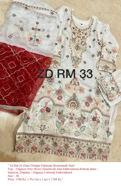"
 Sr no.82862
 *Zd Rm 33 Ziaaz Designs Pakistani Readymade Suits*

Top :- Organza Very Heavy Handwo uploaded by Roza Fabrics on 4/17/2023