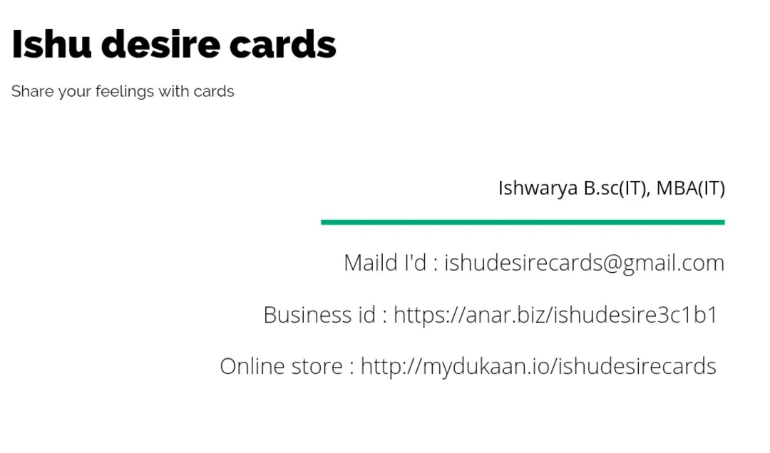 Visiting card store images of Ishu desire cards