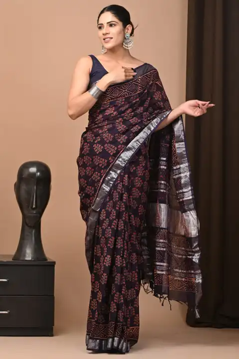 👌🏻Linen collection 👌🏻
.... *Hand* block printed linen saree with blouse.....
Size 6.5 with blous uploaded by Saiba hand block on 4/18/2023