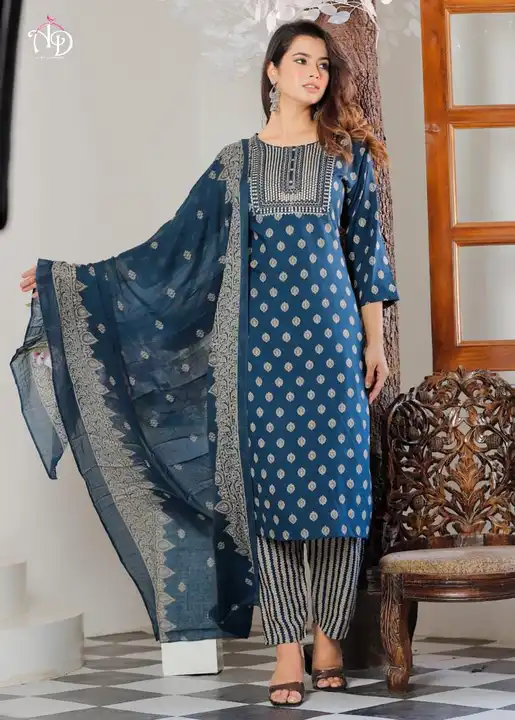 Mill Printed Kurti With  Pant  & Dupatta Set Full set BEUTIFUL EMBROIDERY uploaded by Fatema Fashion on 4/18/2023