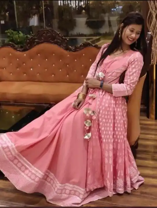 M to XXL, Gorgeous, peach-coloured anarkali. Featuring round neck, flared hem, gotta patti detailing uploaded by Online Ladies Dresses on 4/19/2023