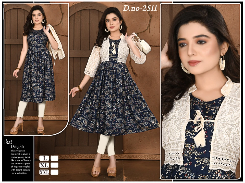Fancy long ghera kurti printed embroidery with shrug chiken koti jacket  uploaded by Radha Creation , Maira sales for Readymade items on 4/20/2023