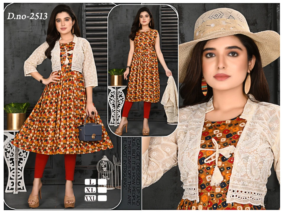 Fancy long ghera kurti printed embroidery with shrug chiken koti jacket  uploaded by Radha Creation , Maira sales for Readymade items on 4/20/2023