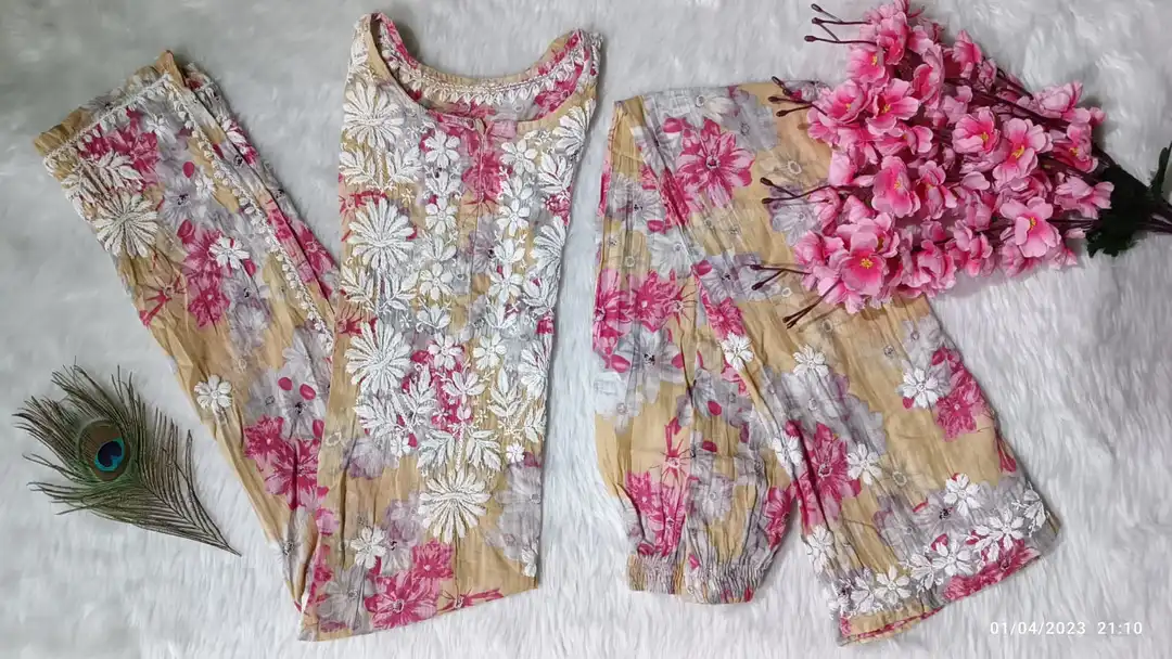 Mul mul printed kurti with plazo uploaded by M V CHIKAN on 4/21/2023