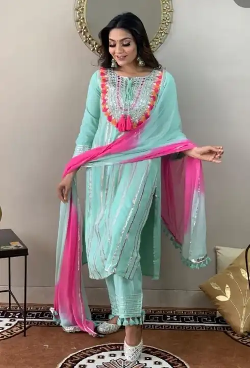 38 to 54,melanage kurti with pant and chiffon dupatta heavy real gota work and  thread embroidery wo uploaded by Online Ladies Dresses on 4/22/2023