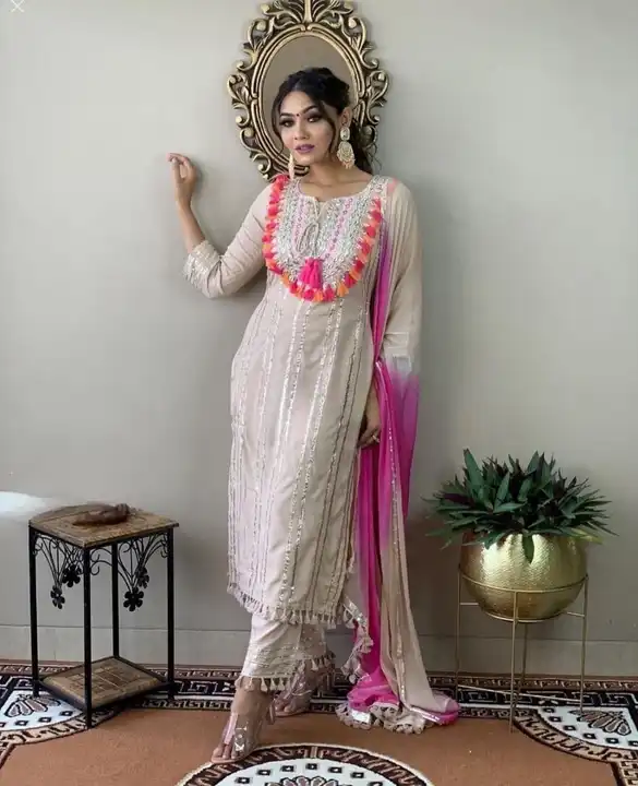 38 to 54,melanage kurti with pant and chiffon dupatta heavy real gota work and  thread embroidery wo uploaded by Online Ladies Dresses on 4/22/2023