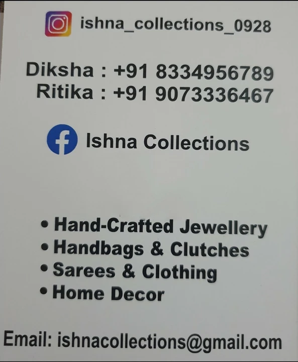 Visiting card store images of Ishna Collections ; +91 8334956789