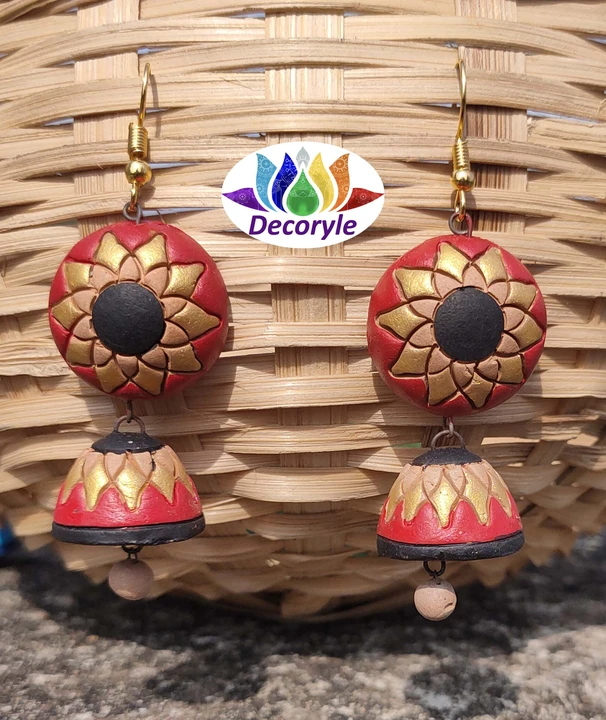 Terracotta banamali jhumka red, golden and black colour  uploaded by Decoryle on 4/22/2023