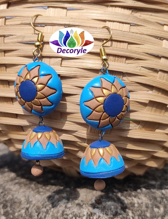 Terracotta banamali jhumka golden and cerulean colour  uploaded by Decoryle on 5/31/2024