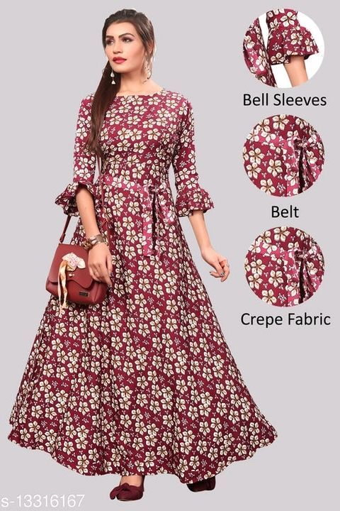 Women's Creepe Bell Sleeve Floor Length Anarkail  uploaded by Products At Best Prices on 3/6/2021