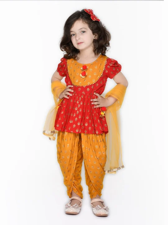 Girls dhoti jhabla with dupatta- Red and Mustard uploaded by Saka Designs on 4/23/2023