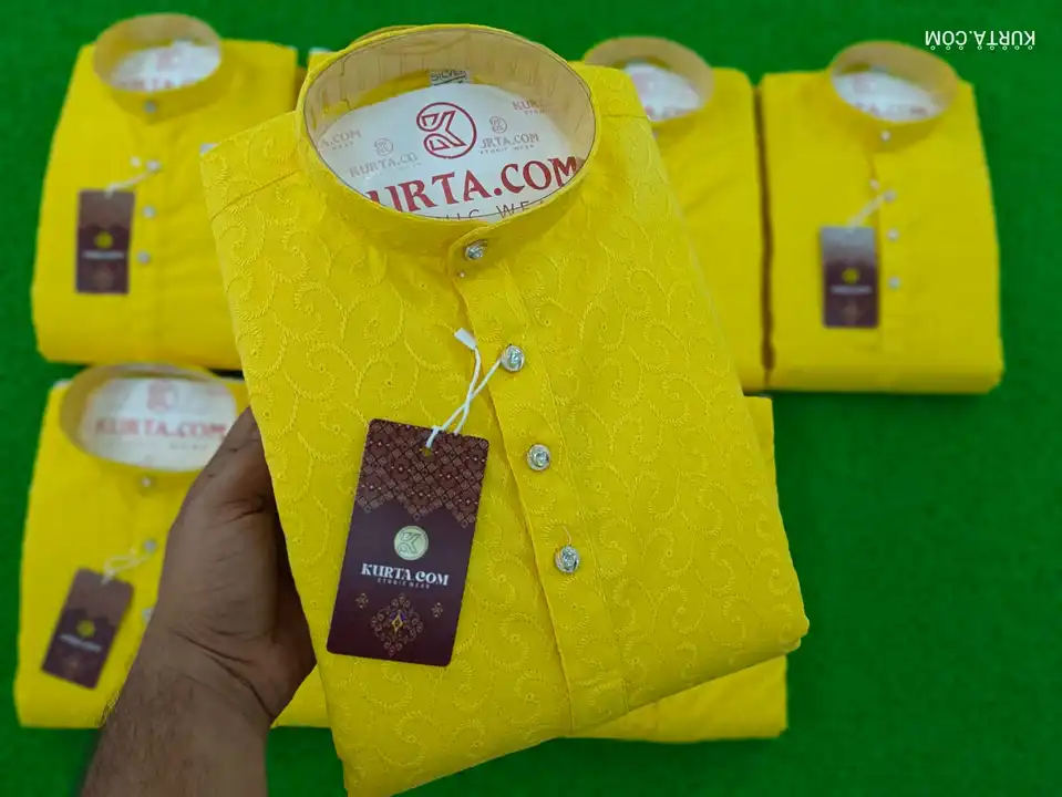 Men's yellow chiken work kurta  uploaded by Mohan apparels on 4/24/2023