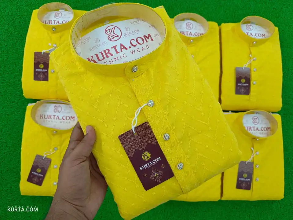 Men's yellow chiken work kurta  uploaded by Mohan apparels on 4/24/2023