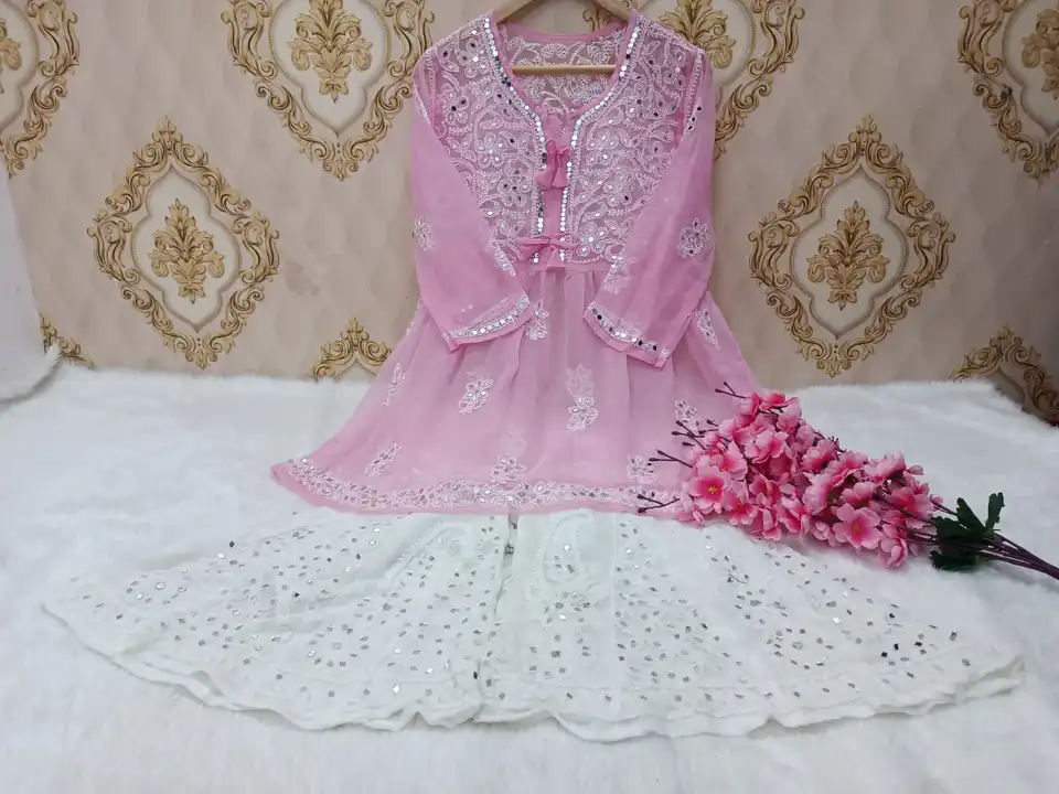 Chikankari short gown with mirror sharara set uploaded by M V CHIKAN on 4/25/2023