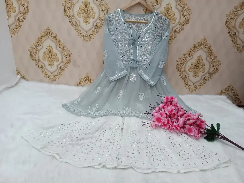 Chikankari short gown with mirror sharara set uploaded by M V CHIKAN on 4/25/2023