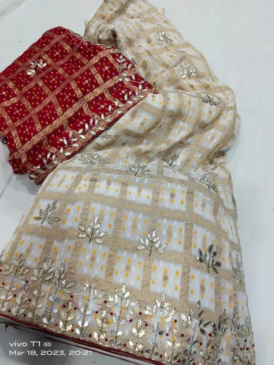 Pure  Georgette gajji silk fabric lehenga blouse dupptta
Gotapatti work
With can inner
Zardoji outin uploaded by Gotapatti manufacturer on 4/26/2023