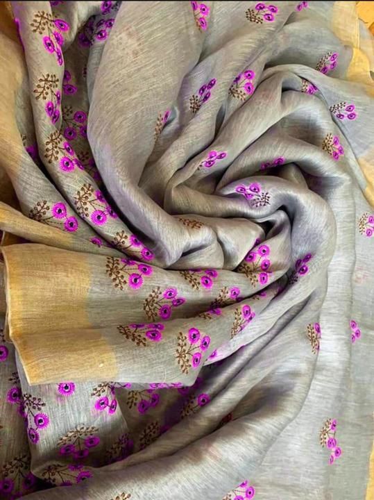 Silk Linen Embroidery works Saree uploaded by business on 3/6/2021