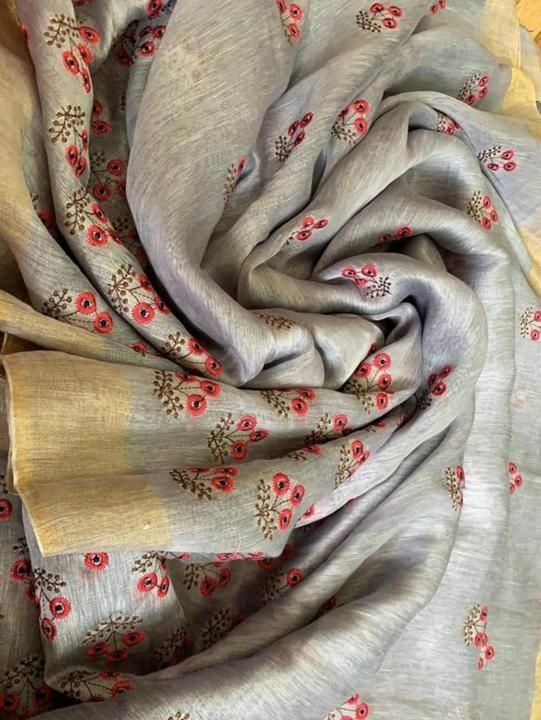 Silk Linen Embroidery works Saree uploaded by business on 3/6/2021