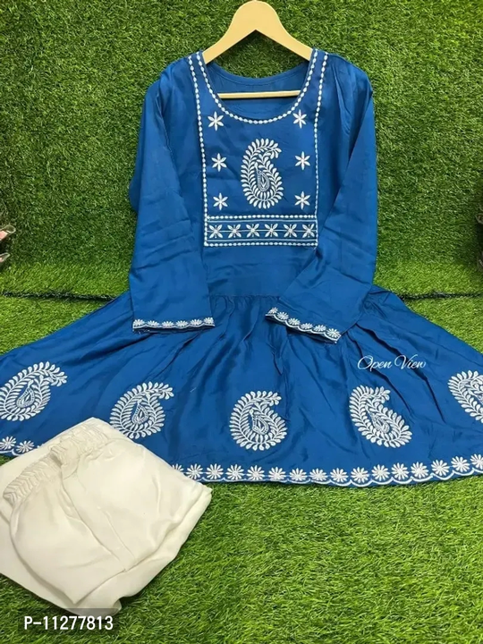 Stylish Blue Rayon Embroidered Short Kurta with Pant Set For Women
 uploaded by Raaz Shop on 4/26/2023