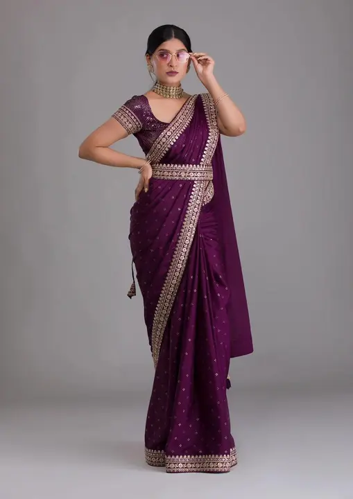 Chinnon saree with heavy Zari Embroidery sequins work lace and blouse  uploaded by ShubhMangal Silk Mills on 4/26/2023