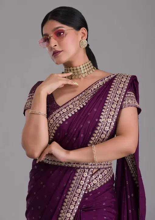 Chinnon saree with heavy Zari Embroidery sequins work lace and blouse  uploaded by ShubhMangal Silk Mills on 4/26/2023