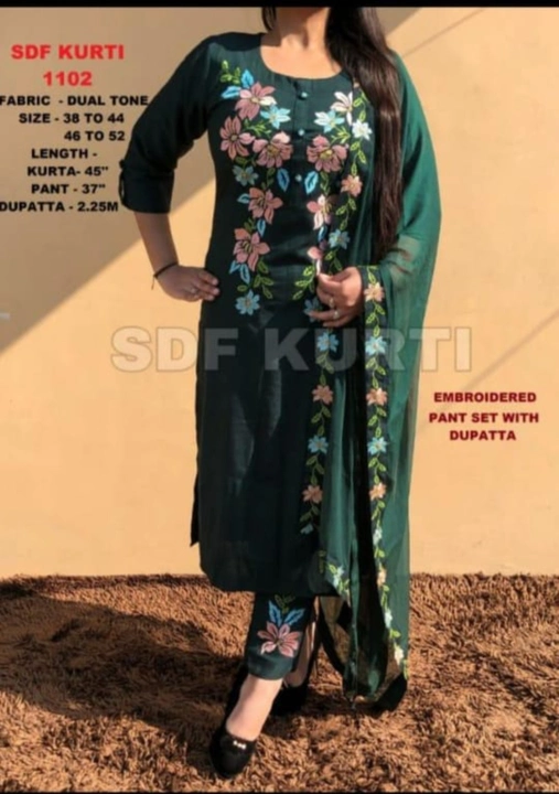 M to XXL, Rayon*
👉Embroidery work on kurti with
  embroidery work on pent 
& shiffon duppta  uploaded by Online Ladies Dresses on 4/26/2023