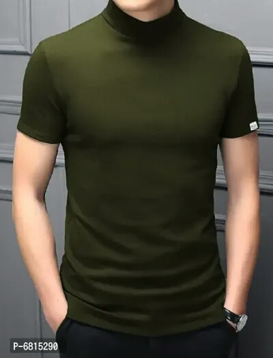 Stylish Polyester Olive High Neck Tees Solid T-shirt For Men uploaded by business on 4/26/2023