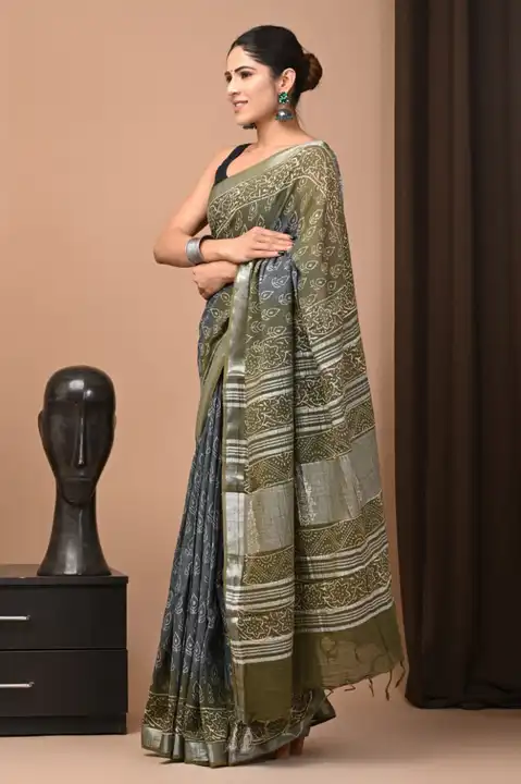 Linen saree  uploaded by Bagru fab work on 4/26/2023