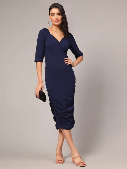 Women Stylish Solid Cotton Lycra Bishop Sleeve Bodycon Dress (Airforce Blue) uploaded by 1 Place For All Fashion  on 4/26/2023