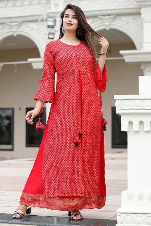 HEER CREATION Red Golden Hand Print Worked Kurti Set For Girls And Womens  SIZE-(M,L,XL,XXL) uploaded by Heer Creation on 7/11/2020