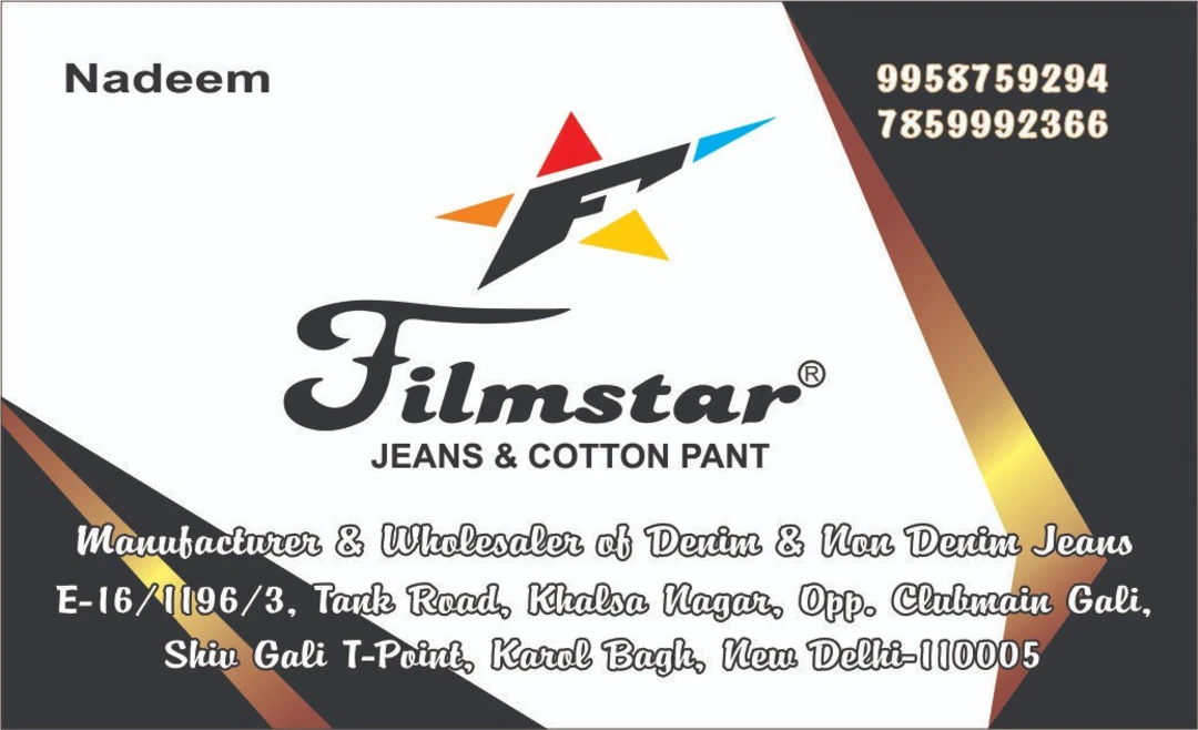 Visiting card store images of Filmstar Jeans New collection whatsapp 