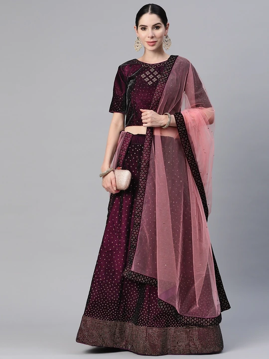 Campaign Trends Wine Velvet Gold Stone Work Lehenga Choli With Gajri Net and Gold Stone Work Dupatta uploaded by Campaign trends on 4/27/2023