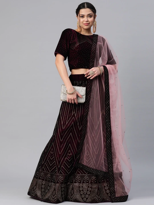 Campaign Trends Wine Velvet Gold Stone Work Lehenga Choli With Gajri Net and Gold Stone Work Dupatta uploaded by business on 4/27/2023