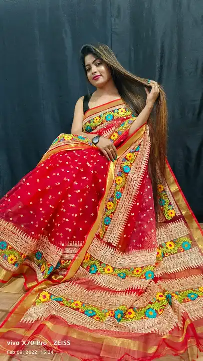 Masline Gujarati Stech Embroidery Sharee uploaded by Maa Kali Sharee Center on 4/28/2023