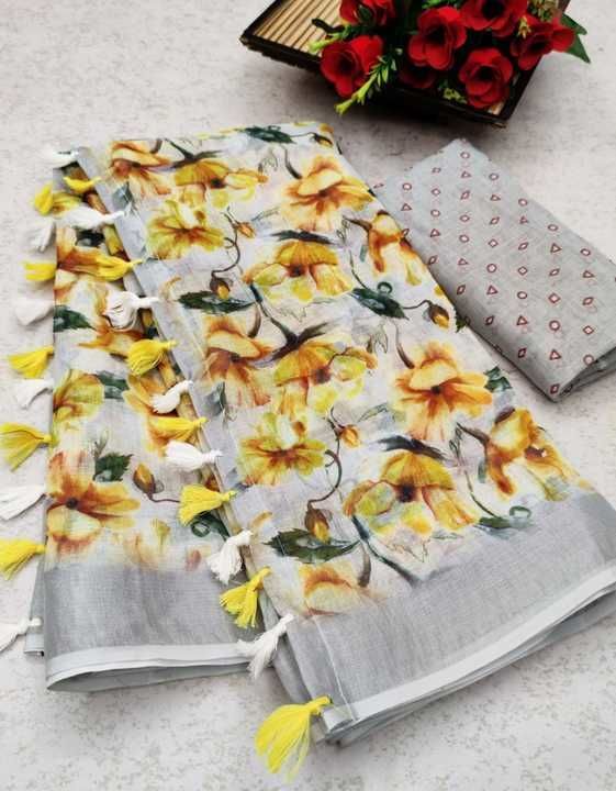 Designer linen saree with digital flavor print uploaded by business on 3/7/2021