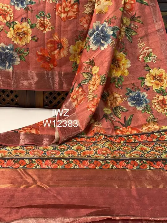 *w12383*

Semi art fancy tussar 
With floral print 
With silver zari woven border 
With blouse 

*On uploaded by Indrani exclusive on 4/28/2023