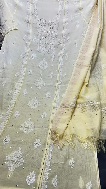 Soft mulchanderi cotton
Shirt n dupatta 
Lucknowi chikan, lace n Mukesh work dyeble
3.5 mtr shirt
2. uploaded by Latest chikan karigari on 4/29/2023