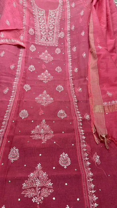 Soft mulchanderi cotton
Shirt n dupatta 
Lucknowi chikan, lace n Mukesh work dyeble
3.5 mtr shirt
2. uploaded by business on 4/29/2023