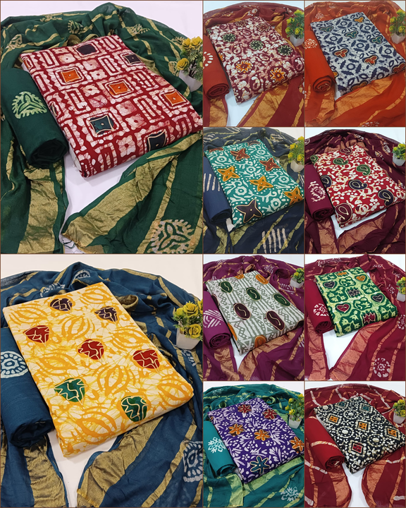 Post image Gold Wax Batik Suits
SET OF 10 PIECES 
Poplin Heavy Quality Material
10 Colourd 10 Designs in a chart.
