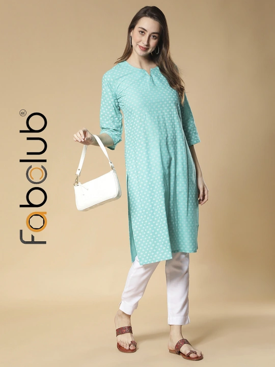 Fabclub Cotton Printed Aqua Straight Women Kurti With Trouser Pant uploaded by Fab Creation on 4/30/2023