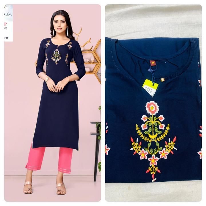 Post image *HBC -79*

SHREE HARI CREATION
(Contact number:-8866723089)
 Catalogue name:                                                    *KASTURUM*

🧥Pattern:  **STRAIGHT REYON  KURTI WITH EMBROIDERY WORK* 

🎗Size - *M,L,XL,XXL,XXXL*
  
🌈 Length --&gt; *46📐*

            (Only Kurti) 
🔥 *Rate:-- ➕ Ship* 

*Dispatch:- Ready*


 Limited Stock..💃💃
Book Your Favourite Color Fast..😍