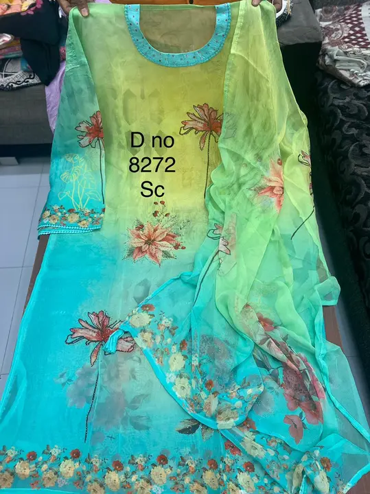 Organza fab shirt shantoon bottom pure shiffon dup uploaded by Vaishno Textile on 5/1/2023
