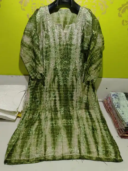 Chanderi check batic long top chikan hand work size 38to44 uploaded by business on 5/1/2023