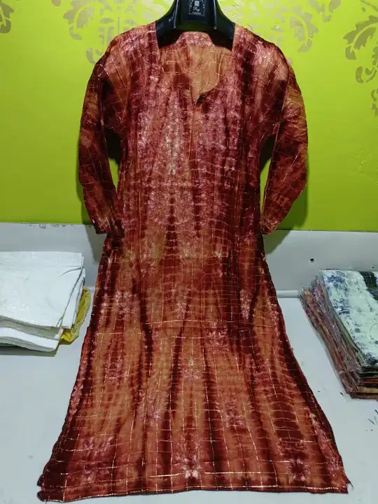 Chanderi check batic long top chikan hand work size 38to44 uploaded by Kjfabrics Lucknow on 5/1/2023
