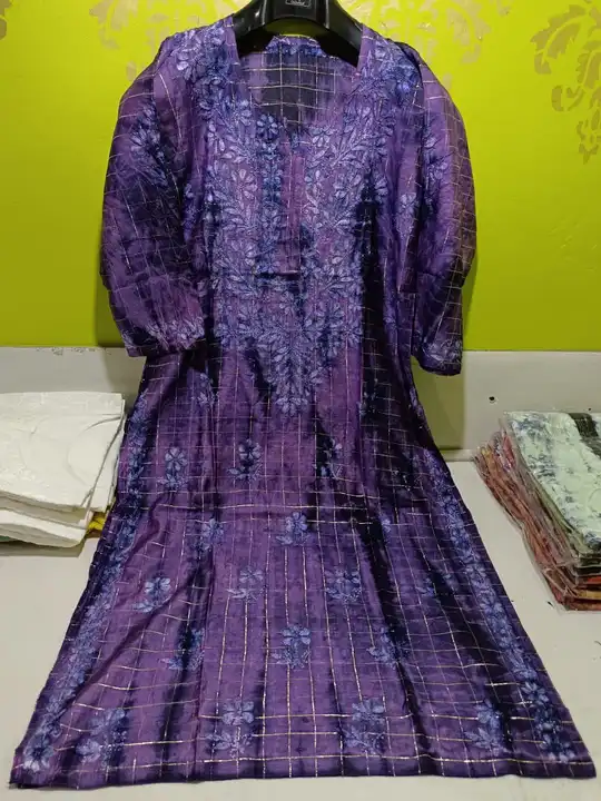 Chanderi check batic long top chikan hand work size 38to44 uploaded by Kjfabrics Lucknow on 5/1/2023