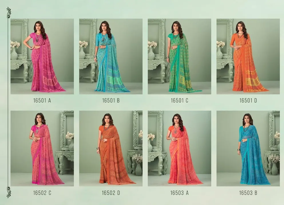 Hello,
BRAND NAME – *Ruchi* 
CATALOG NAME – *RAGA GEORGETTE VOL-1*
SERIES – 16501A TO 16503D
 Pcs. - uploaded by Aanvi fab on 5/2/2023