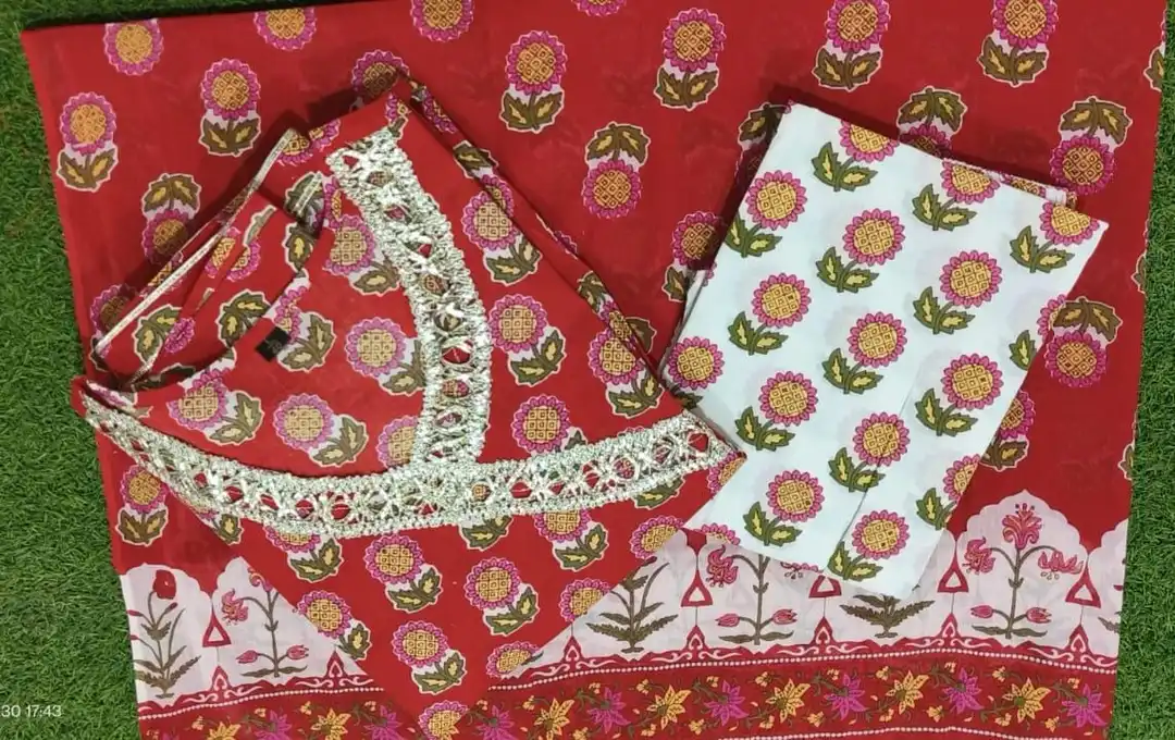 pakistani cotton suit with printed gota less uploaded by Chirag Enterprises on 5/2/2023