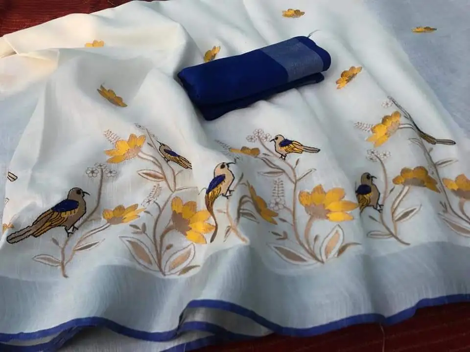 Fabric linen by linen silk sarees with embroidery design  uploaded by Osama handloom on 5/2/2023