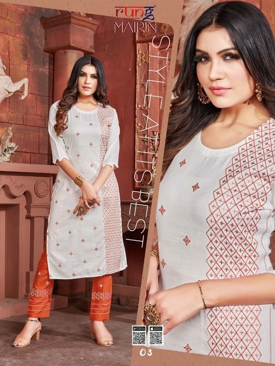 Post image MARIN by Run 
WITH PANT

KURTI CATLOG
* Kurti with pant *
FABRIC.HEAVY SLUB RIYON  WITH EMBROIDERY AND SEQUENCE WORK

PANT.HEAVY SLUB RIYON with embroidery work

PCS   8

SIZE. M L XL. 3XL

RATE
WHOLESALE

Set to set .
GST 5 Percent Extra 

Delivery from today
