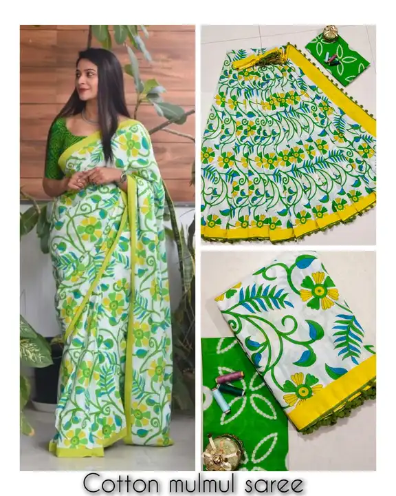 Cotton Mulmul Sarees With Blouse 
👉All saree with same blouse 
👉 Fabric: *Mulmul Cotton(92*80)*
👉 uploaded by Saiba hand block on 5/3/2023
